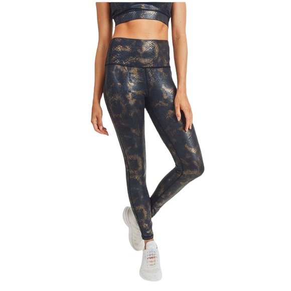 Mono B PETITE Black Gold Snake Foil Print High Waisted Leggings XS - Picture 1 of 6